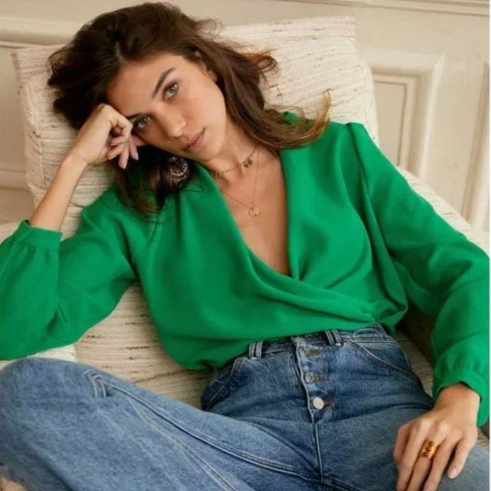 Sezane Abelia Faux Wrap Blouse in Flash Green